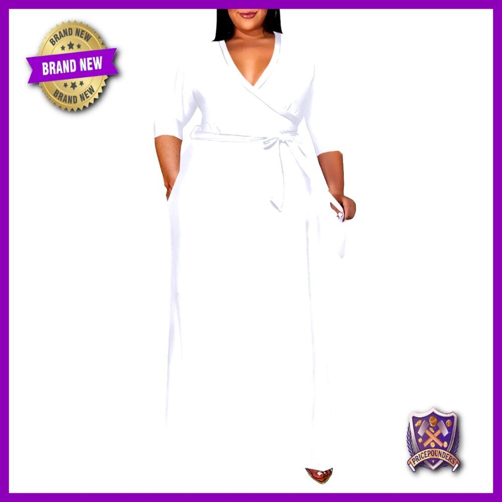 Plus Size V-Neck Maxi Dress with Belt, 3/4 Sleeve, Polyester Spandex